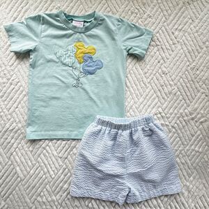 Stitchy Fish 4T Mickey Balloon Applique Shirt Seersucker Shorts Outfit Set